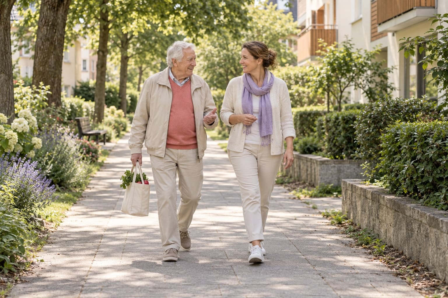 Ein älterer Mensch und seine Begleitung unterwegs im Alltag