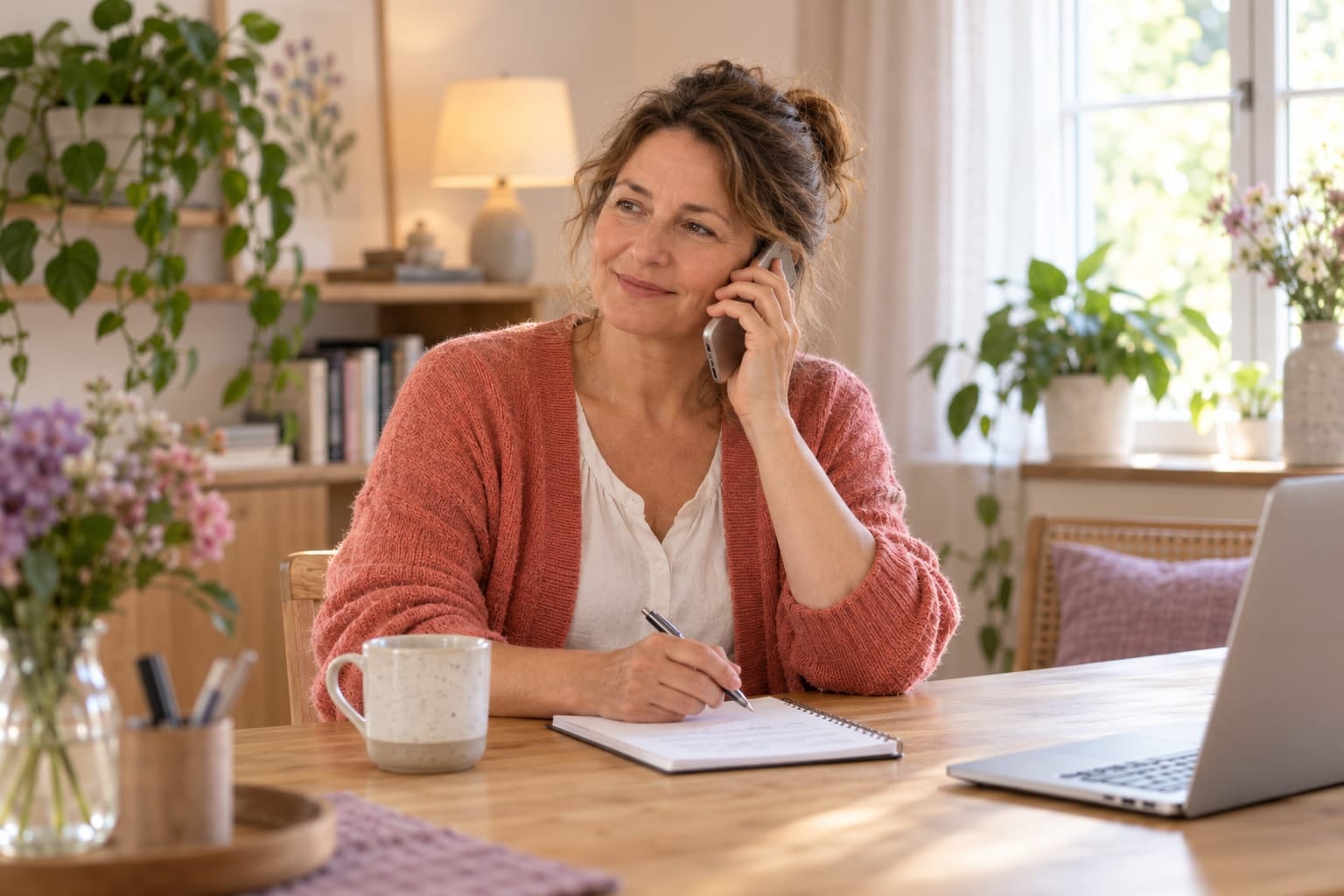 Eine erwachsene Person führt ein ruhiges Beratungsgespräch am Telefon